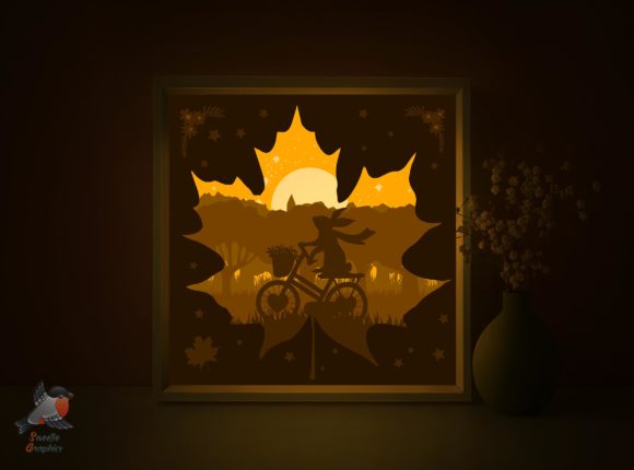 Autumn Rabbit Ride Bicycle Light Box 3D SVG for Shadow Box Sellers