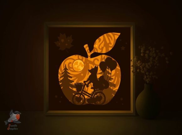 Fox Riding Bicycle Light Box Apple: 3D SVG Shadow Box for Cozy Branding